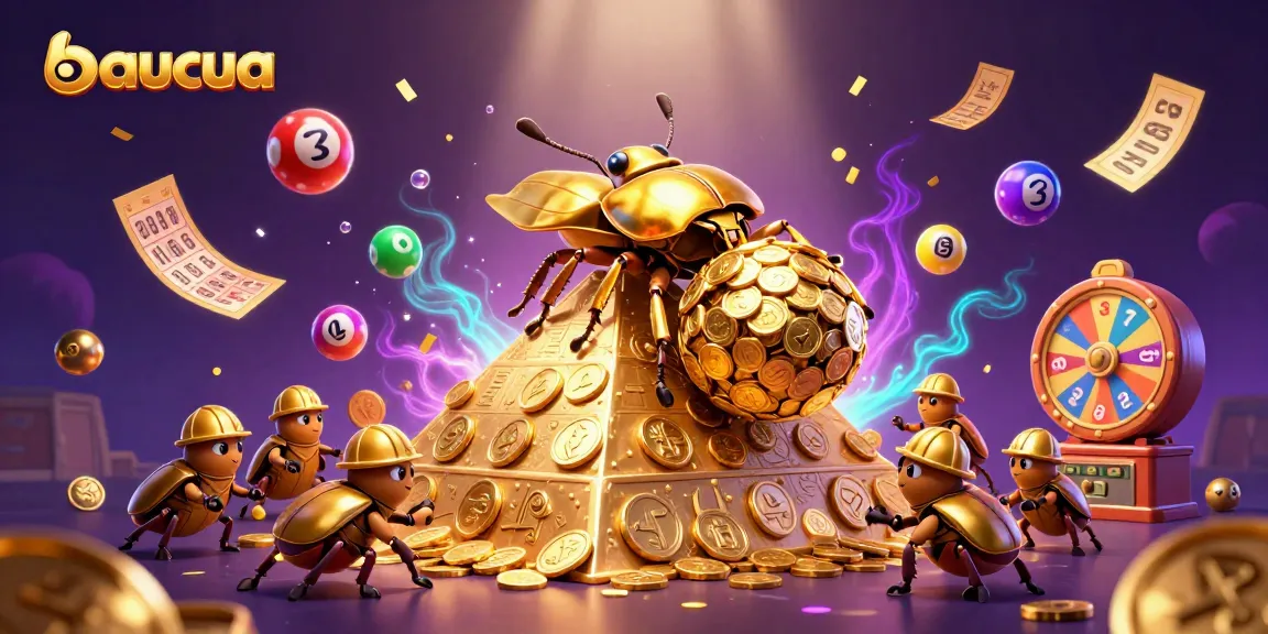 Experience the excitement of baucua with golden coins, colorful lottery balls, and dynamic casino elements.