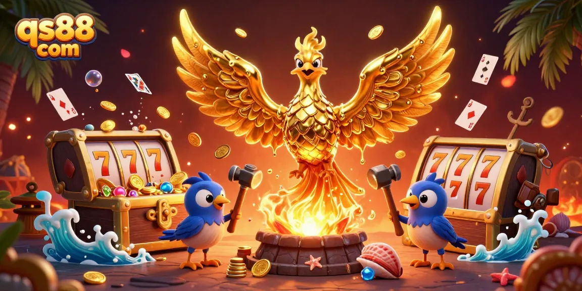 Experience the thrills at qs88 com with a fiery golden phoenix rising from the forge amidst vibrant casino elements.