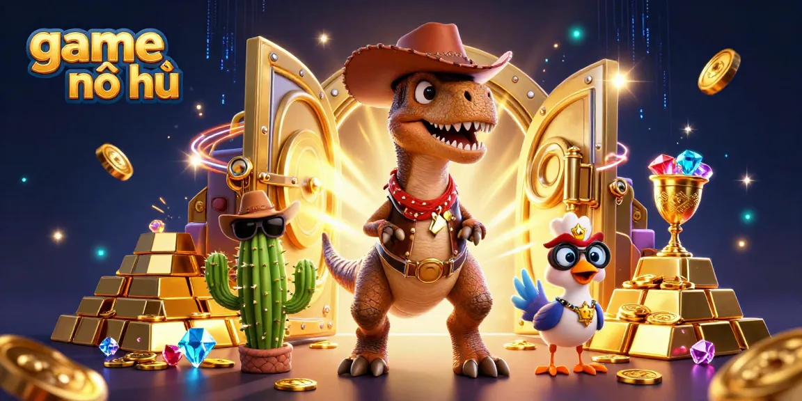 Spin to win in game nổ hũ with a cowboy dinosaur T-Rex and vibrant treasures.