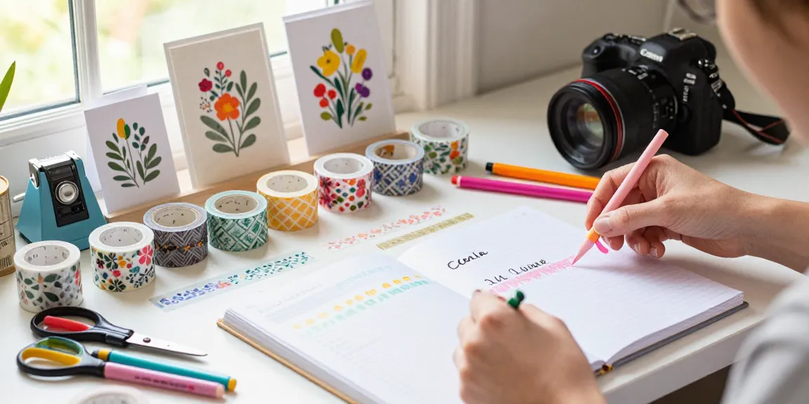Applying custom washi tape to a journal in a bright crafting workspace filled with vibrant patterns.