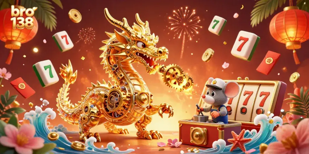 Experience the excitement of gambling with bro 138 in this vibrant dragon-themed casino illustration.