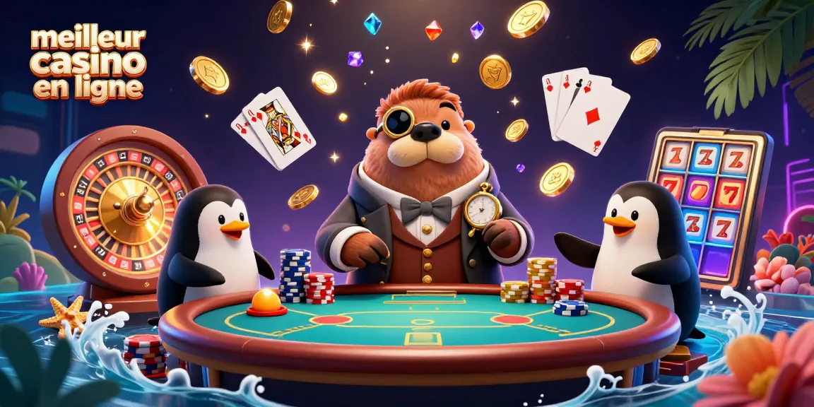 Le meilleur casino en ligne avec un morse en gentleman jouant au poker, entouré de pièces d'or scintillantes.
