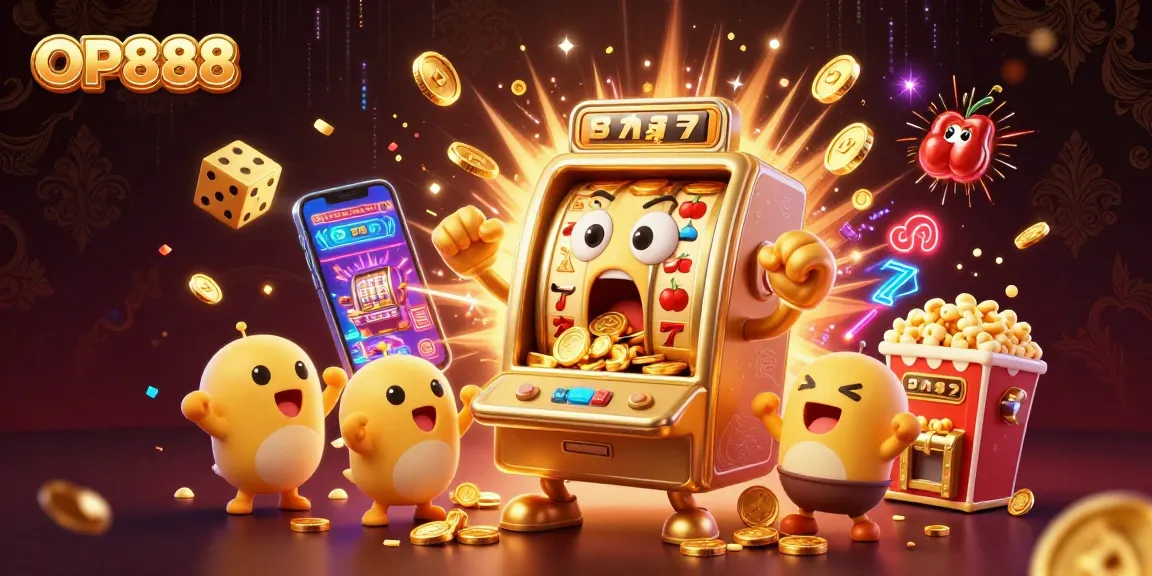 OP888 slot machine hits a jackpot, coins spilling as baby slots cheer, vibrant casino scene.