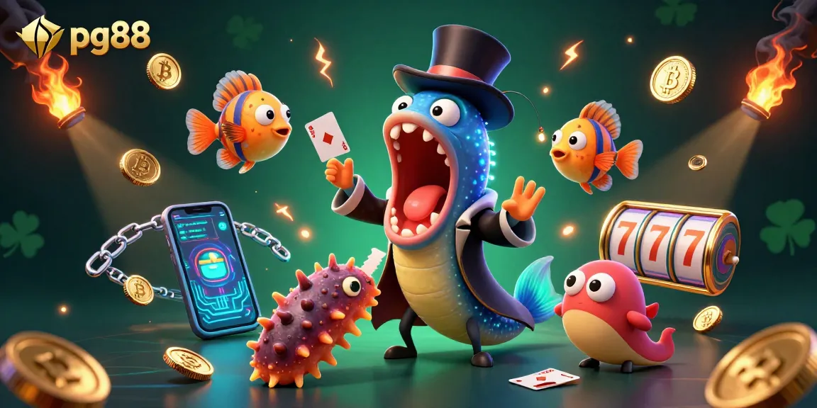 Experience the thrill of pg88 online gaming with card tricks and neon crypto in a vibrant underwater scene.