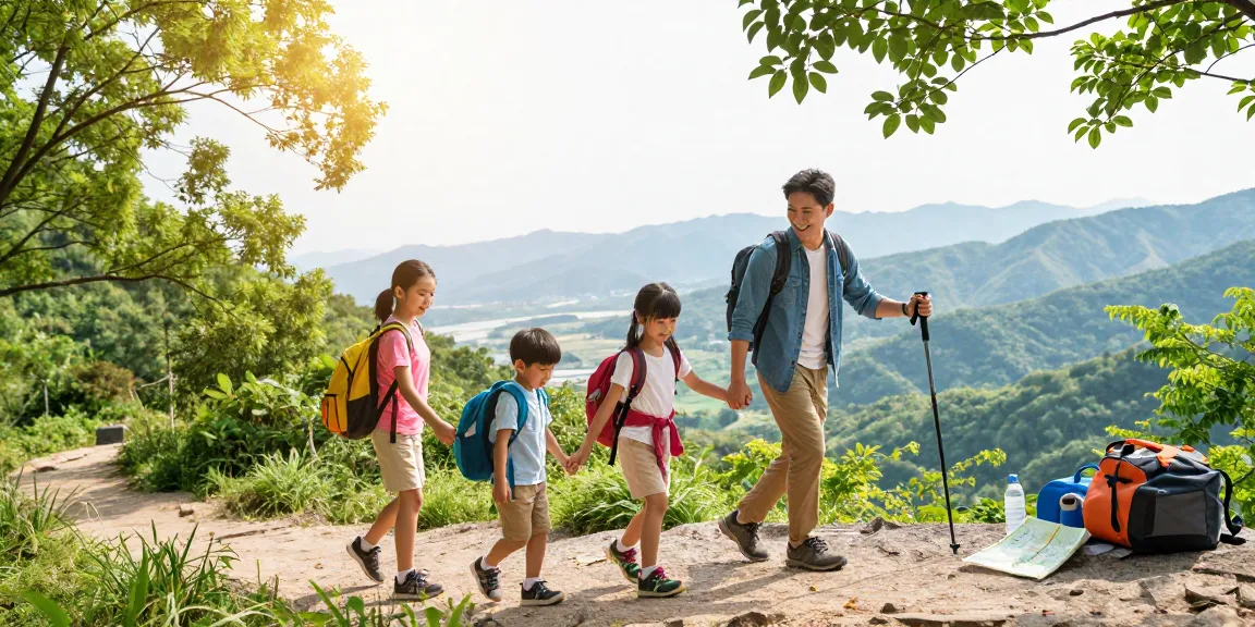 Family enjoying a hiking adventure in nature with mantra88 theme, showcasing outdoor exploration and family bonding