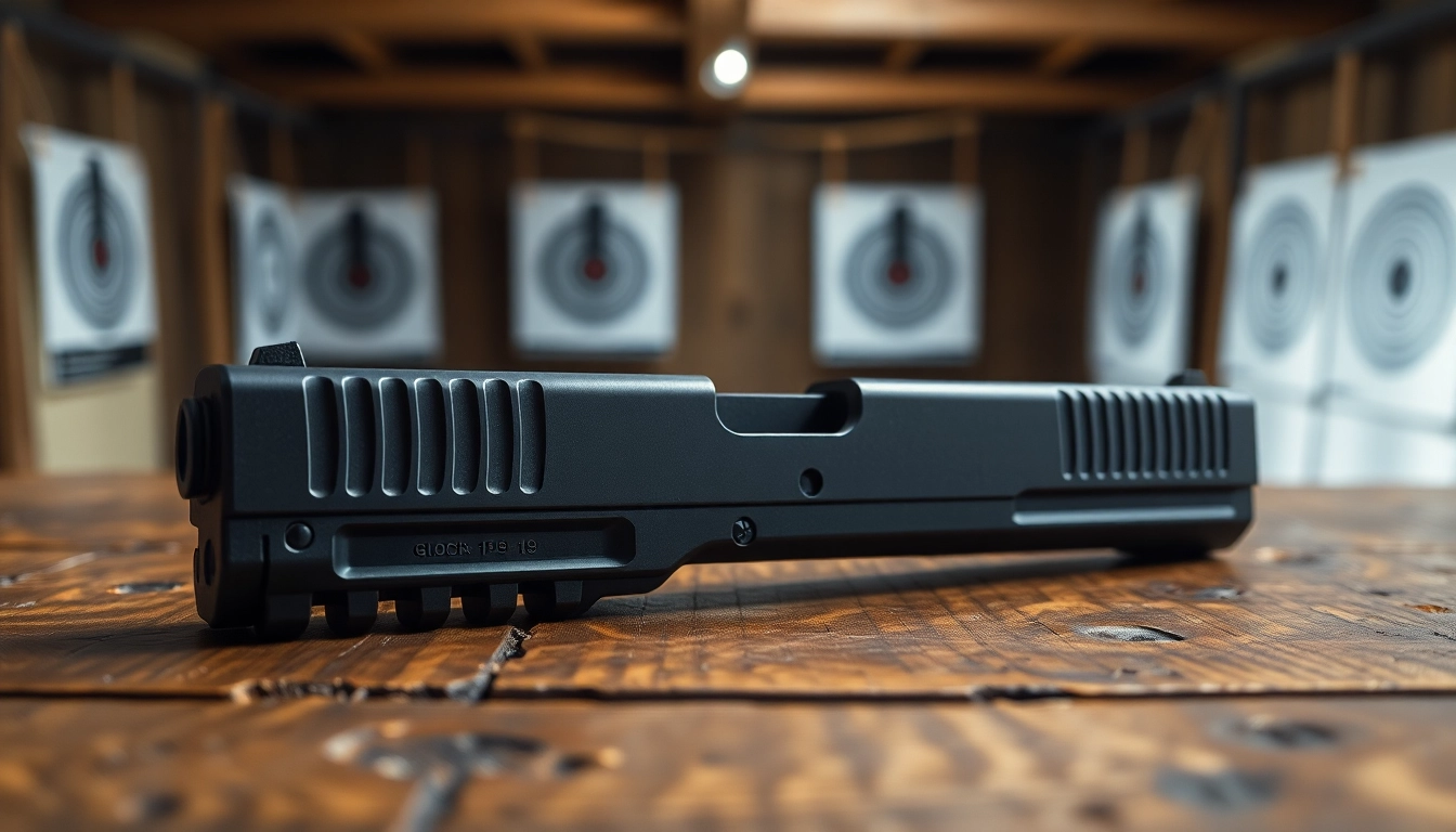 Explore the glock 19 slide showcasing precision design and craftsmanship in a serene setting.
