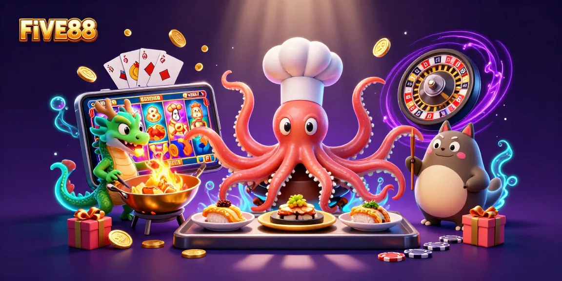Engage with FIVE88's vibrant casino scene showcasing a sushi chef octopus and more!