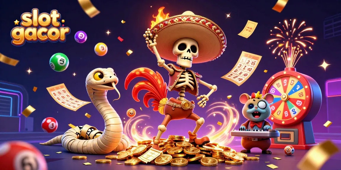 Slot gacor meriah saat kemenangan dengan karakter kartun dan elemen kasino yang bersinar.