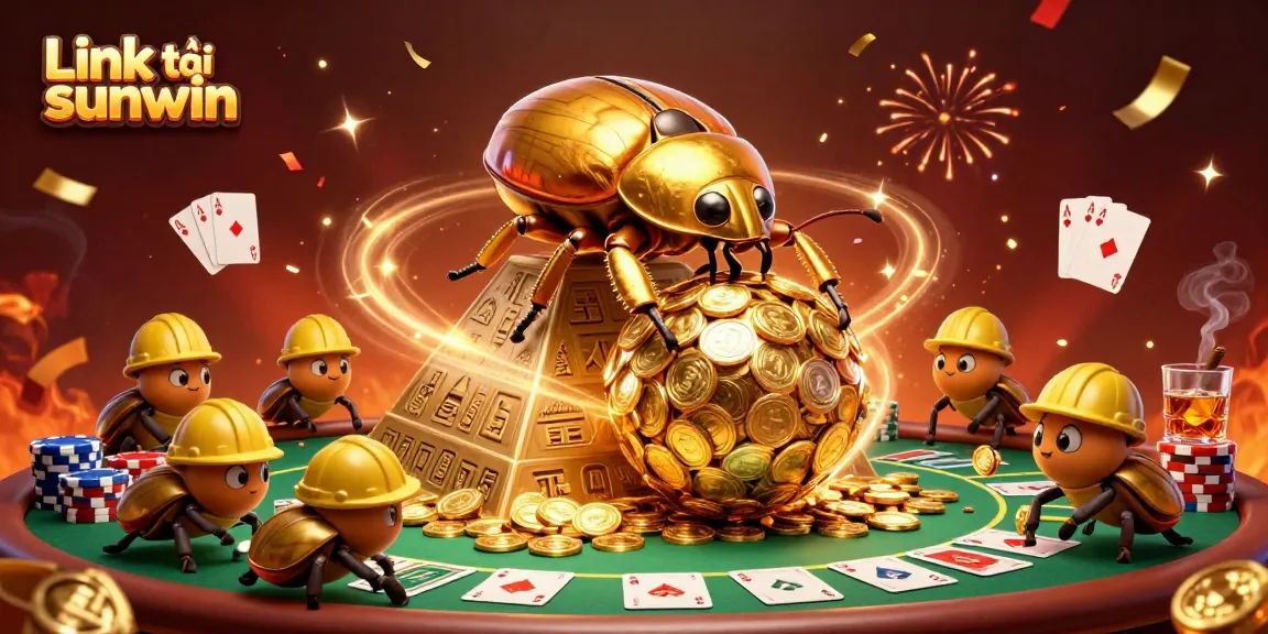 Experience the thrill of Link tải sunwin with a dynamic 3D scene of golden beetles and casino elements.