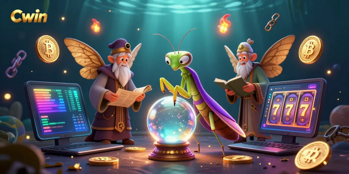 Cwin illustrates a mystical fortune teller and librarian amidst vibrant casino symbols, showcasing rich details.
