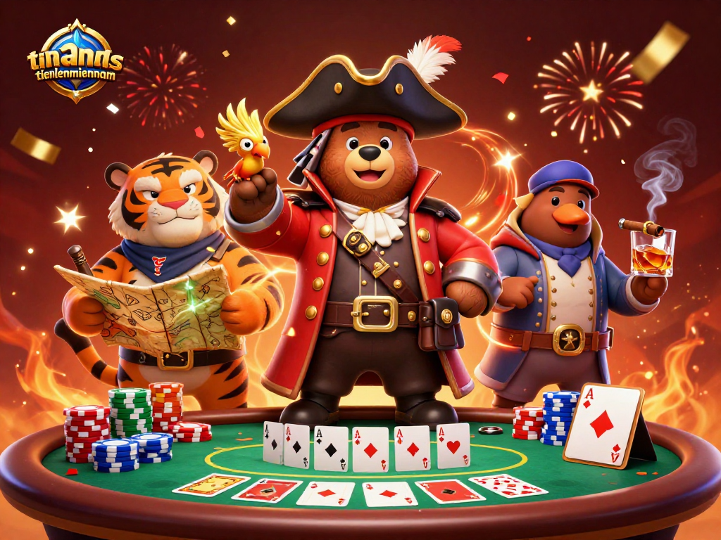 Engage with the thrilling action of tienlenmiennam at a vibrant poker table with dynamic characters and festive atmosphere.
