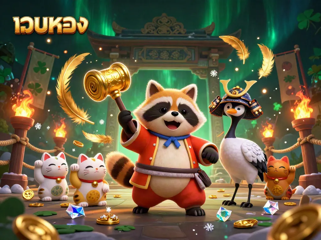 Spin the reels in excitement with เว็บตรง, featuring a joyful tanuki and lucky charm cats in a vibrant 3D casino scene.