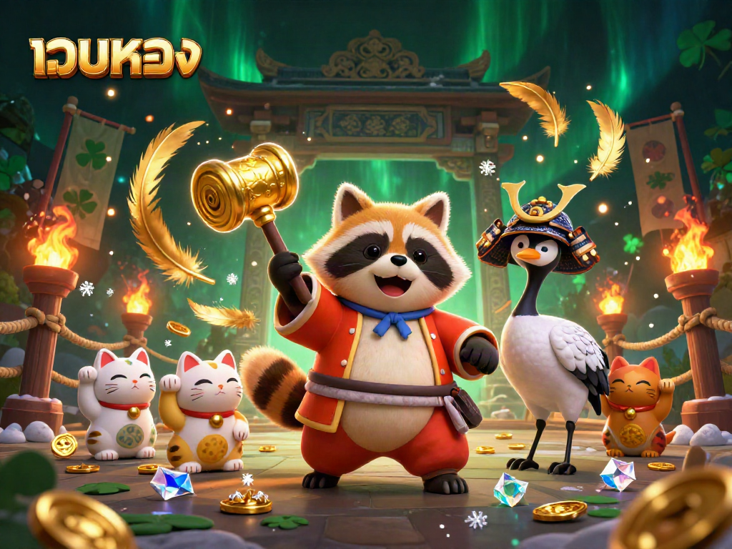 Spin the reels in excitement with เว็บตรง, featuring a joyful tanuki and lucky charm cats in a vibrant 3D casino scene.