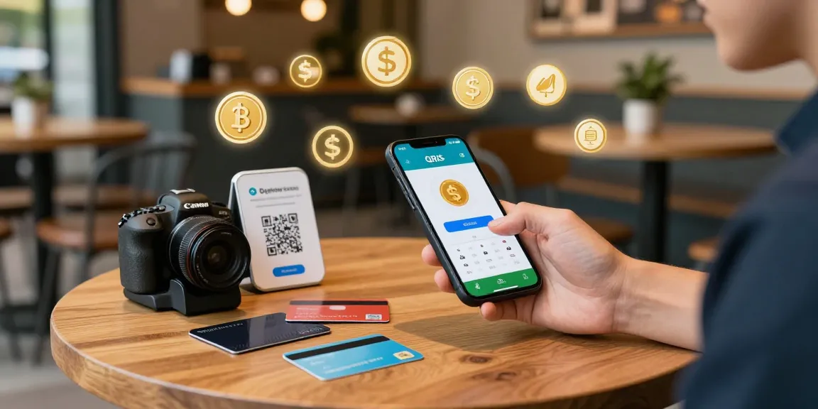 Engaging e-commerce scene showcasing slot qris mobile payment in a trendy café.