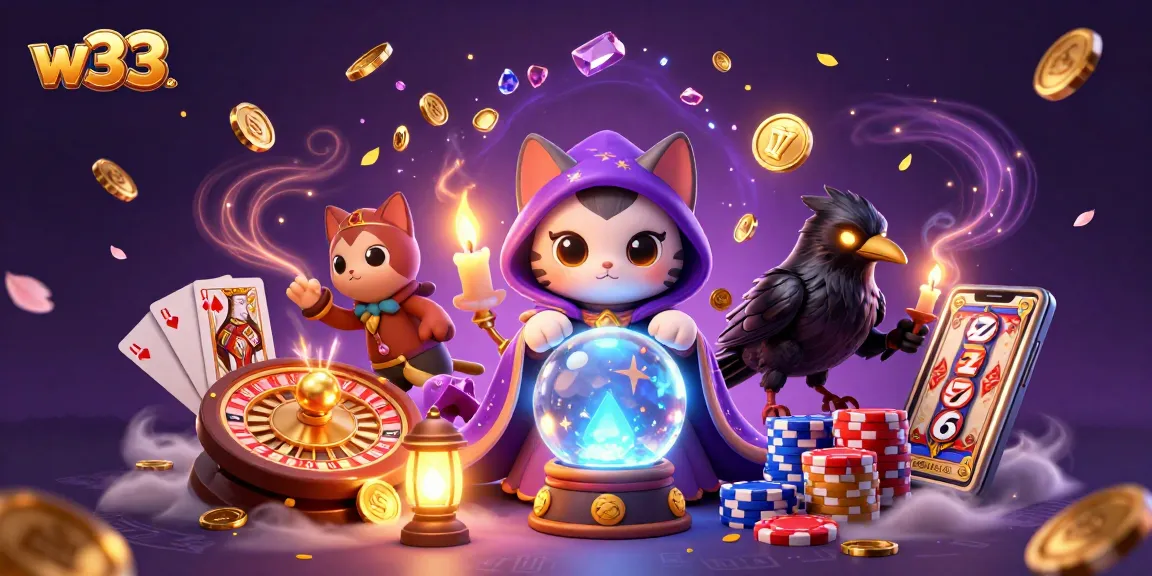 Experience thrilling w33 pokies with captivating characters amidst dazzling casino elements.