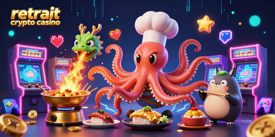 Retrait crypto casino illustré avec un chef sushi octopus, un dragon, et un client tanuki.