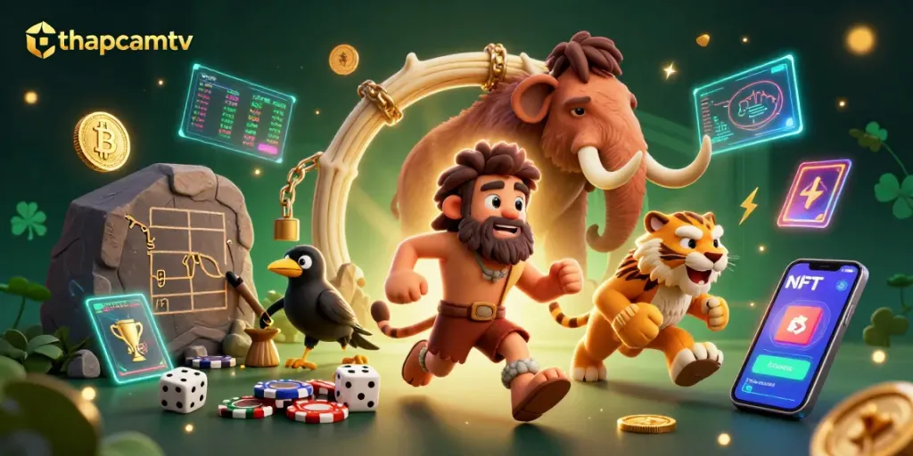 Engage in thrilling sports betting with thapcamtv's vibrant prehistoric casino illustration featuring captivating characters.
