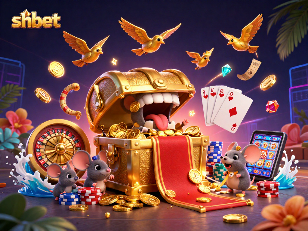 Engage with shbet's thrill as a treasure chest with golden coins tempts adventurous mice with gaming riches.