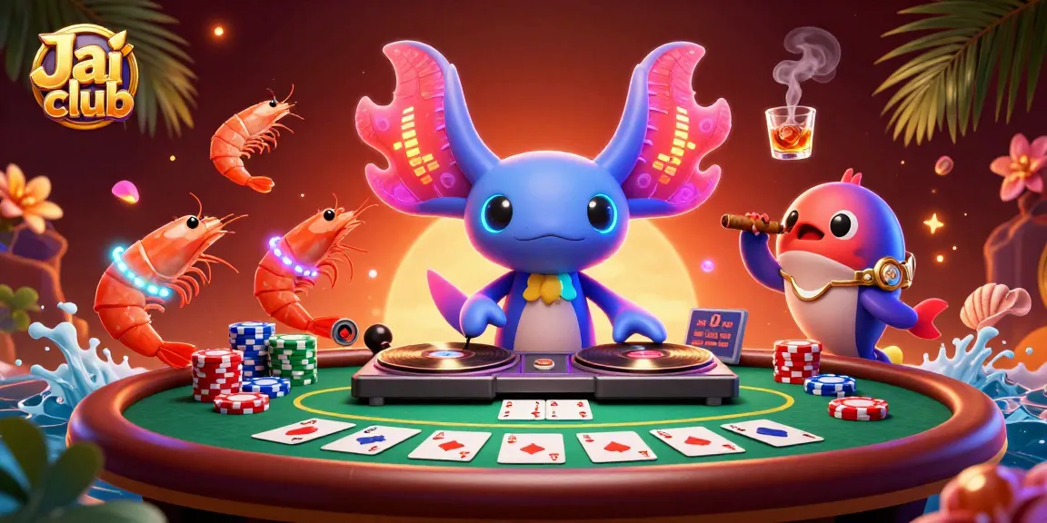 Experience the vibrant allure of Jai club with a neon axolotl DJ spinning gaming tunes amidst exciting casino elements.