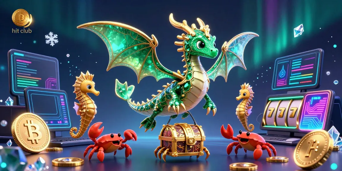 Experience the thrill at hit club with a magical sea dragon surrounded by crypto and slot elements.