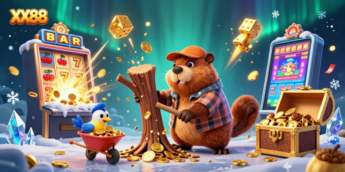 Experience the thrill at XX88 with vibrant 3D casino characters amidst a slot jackpot explosion.