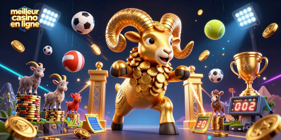 Visez le meilleur casino en ligne avec des éléments sportifs dynamiques et un bélier doré symbolisant la richesse.