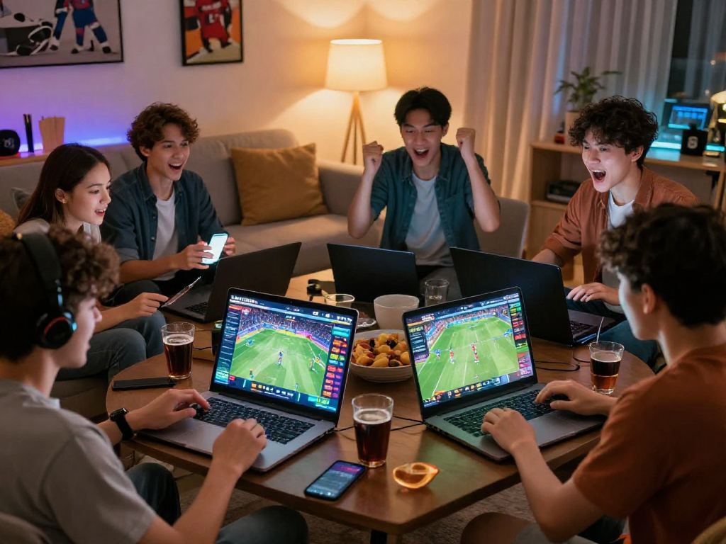 Bola88 online gaming enthusiasts enjoying a vibrant sports betting session at home.