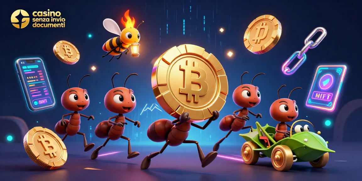 Gioca nel casino senza invio documenti con un'illustrazione di formiche che trasportano un chip dorato in una fuga avvincente.