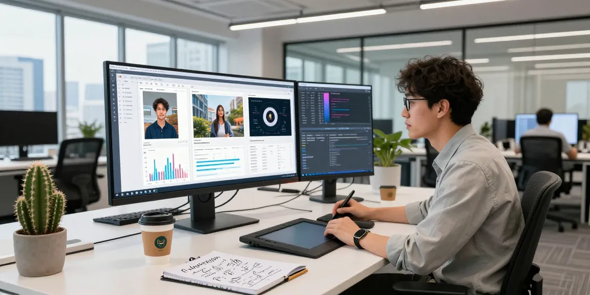 AI Image Detector in action as a data scientist analyzes AI-generated images in a modern office.