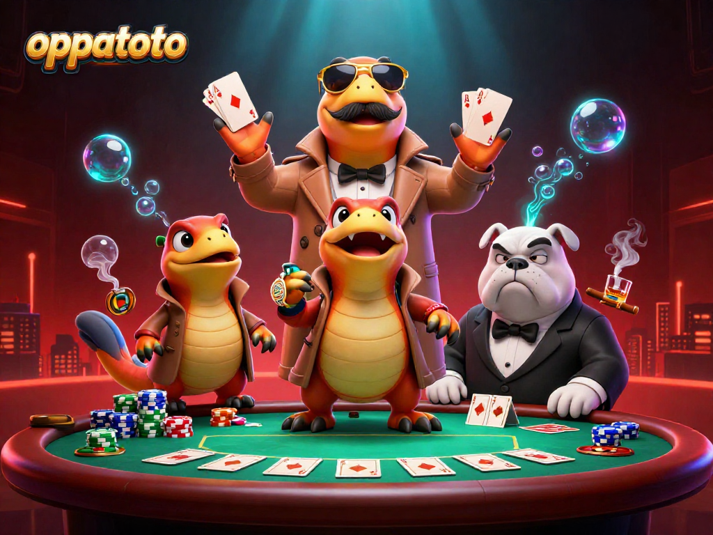 Engage with oppatoto's exciting casino atmosphere featuring raptors in disguise and vibrant poker elements.