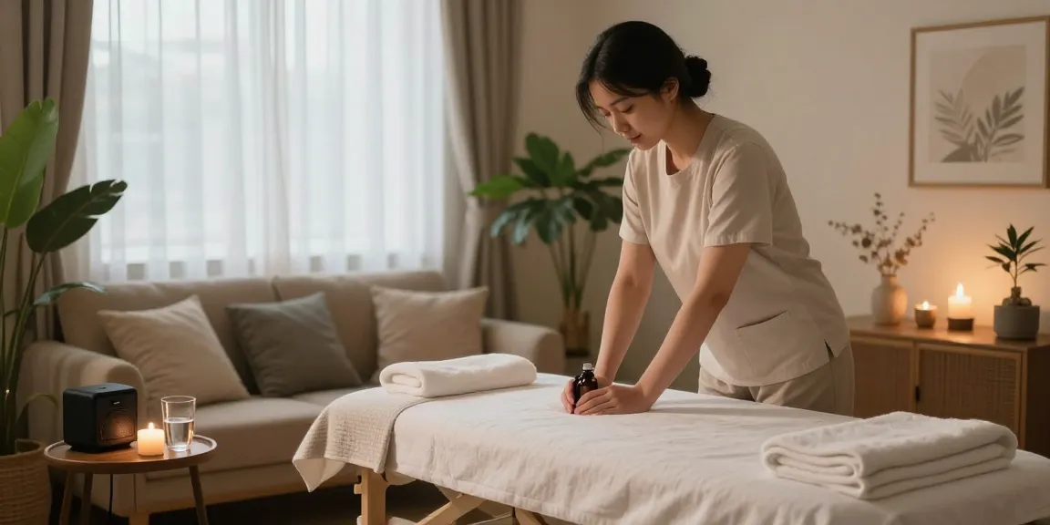 남양주출장마사지 setup in a tranquil living room with calming oils and soft lighting.