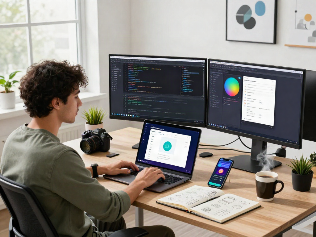 Pikashow APK download interface on developer's dual monitors in a lively workspace.