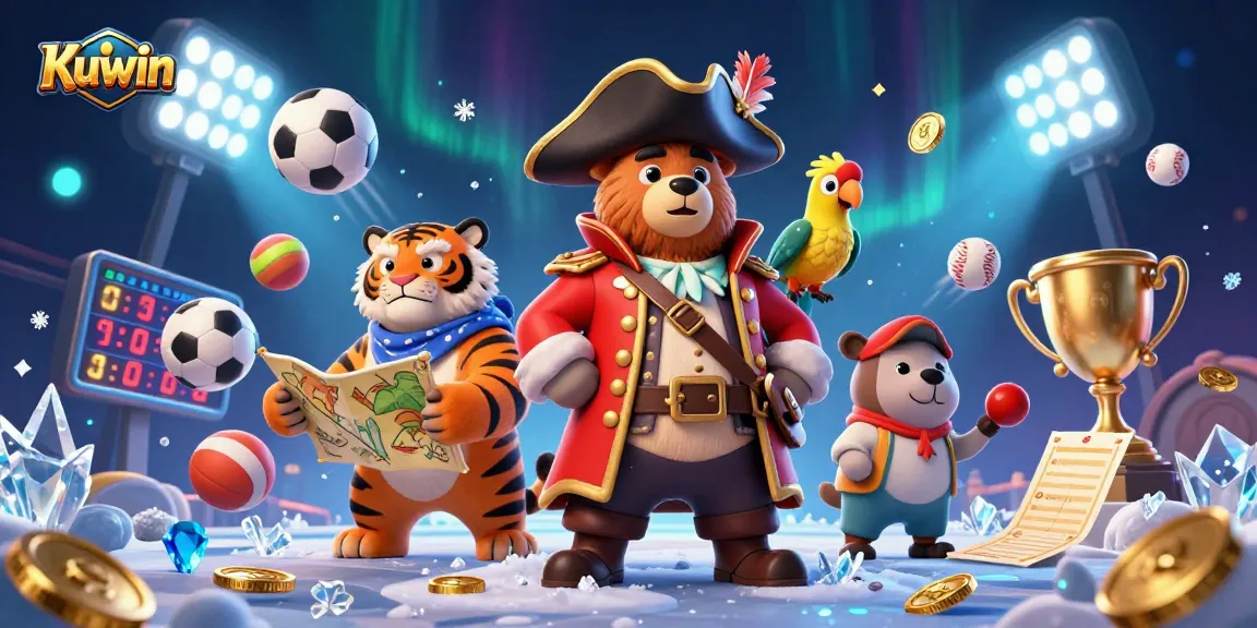 Kuwin's dynamic illustration showcases a pirate bear, fierce tiger, and golden parrot celebrating sports betting in a casino atmosphere.