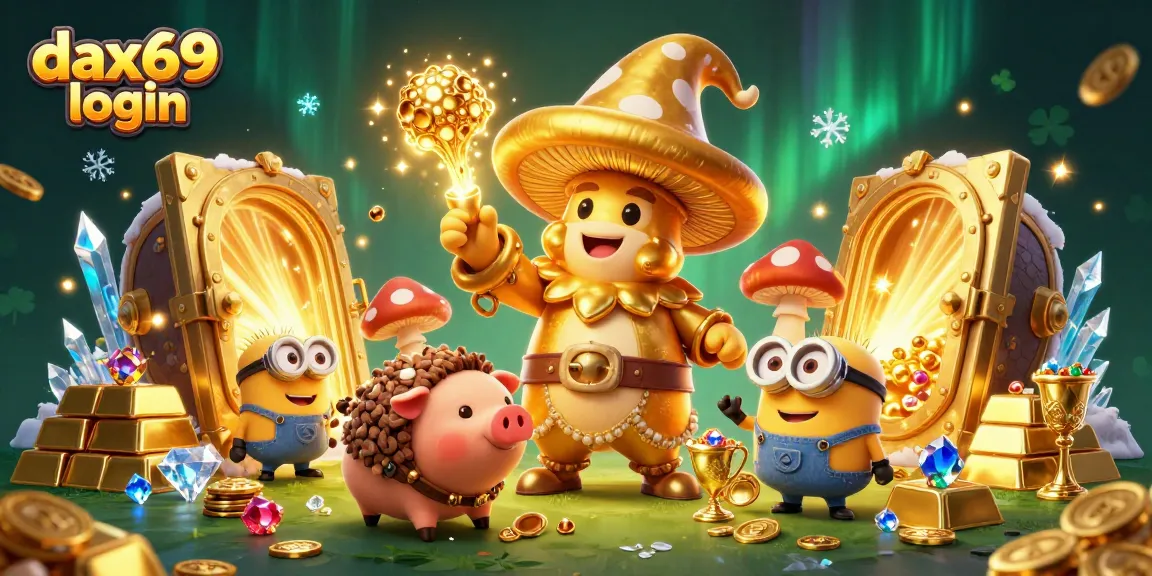 Ilustrasi kasino 3D menampilkan karakter dax69 login yang mengumpulkan kekayaan emas dan permata.