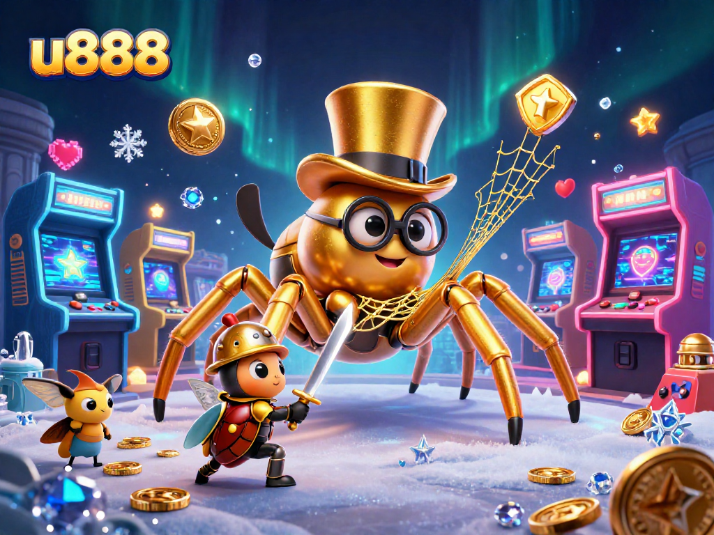Spin the reels at u888 with a giant golden tarantula and a beetle knight amidst vibrant arcade games and casino elements.