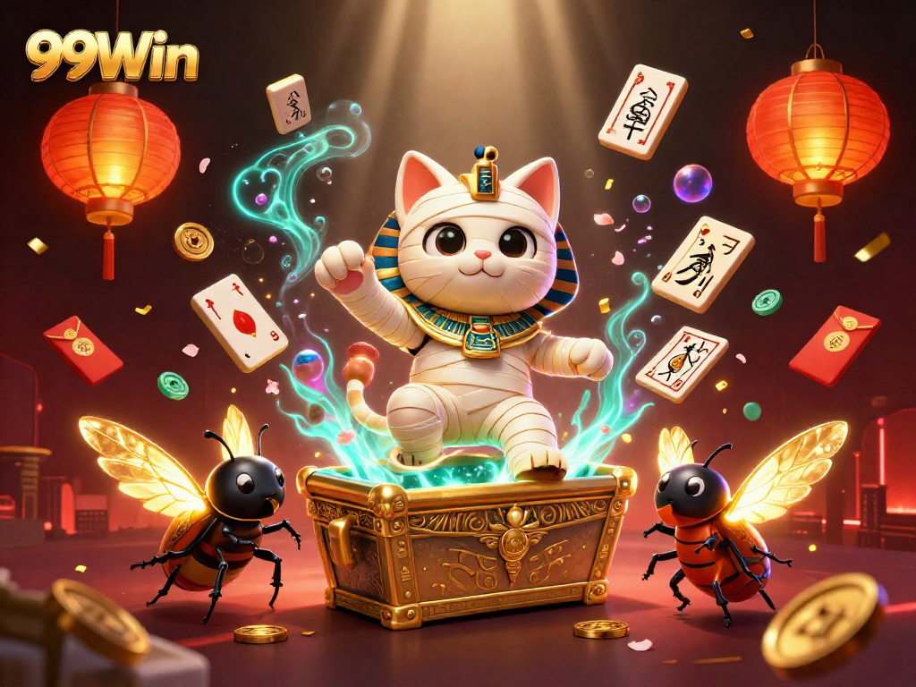 Experience the thrill of 99Win with a vibrant casino scene featuring an Egyptian mummy cat and more.