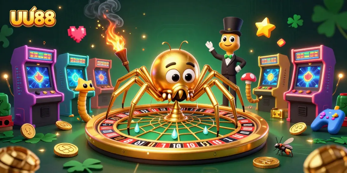 UU88 showcases a 3D spider and croupier in a casino scene, spinning a roulette web with vibrant arcade elements.