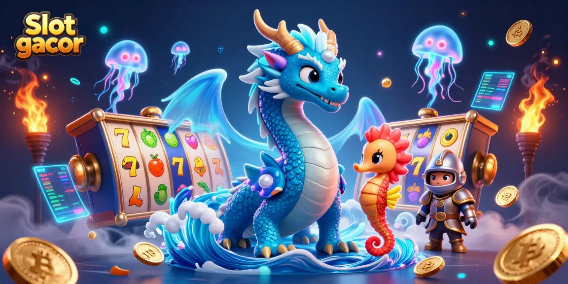 Spin slot gacor reels with a water dragon and seahorse knight amid dazzling casino elements.