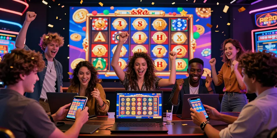 Players enjoying situs slot games online, celebrating a jackpot in a vibrant digital casino atmosphere.