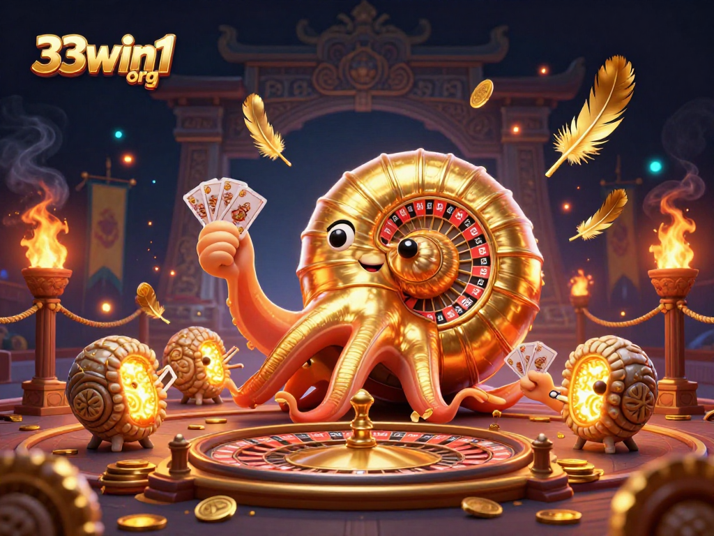Experience the thrill of 33win1 org with a dynamic scene featuring a giant nautilus roulette wheel and glowing ammonite companions.