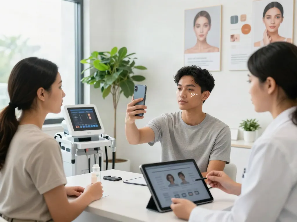 Group participating in facial analysis at a modern clinic showcasing alternatives to QOVES.