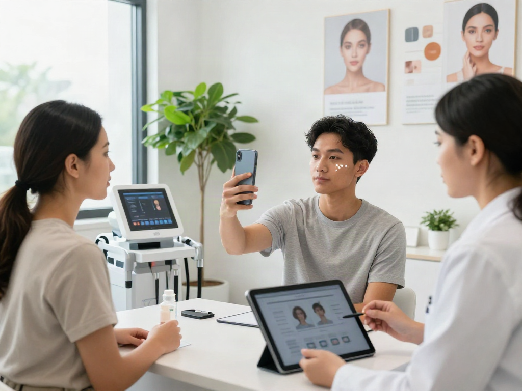 Group participating in facial analysis at a modern clinic showcasing alternatives to QOVES.