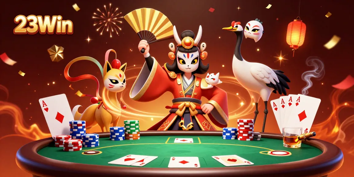 Engage with 23Win's thrilling poker experience featuring kabuki warriors and vibrant game elements.