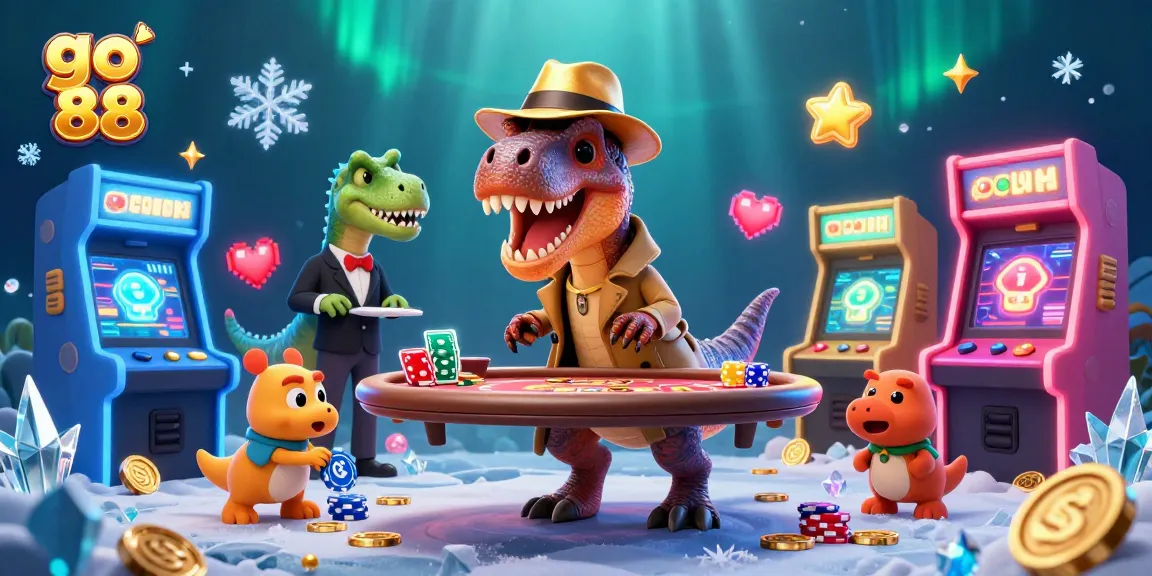 Experience go 88 action with a velociraptor at a blackjack table, in a vibrant casino.