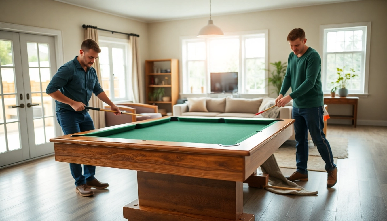 Engaging game table movers services demonstrating skilled disassembly of a pool table in a well-lit environment.