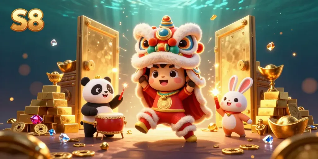 Engage in the thrilling casino experience at S8 with vibrant characters and dynamic treasures.