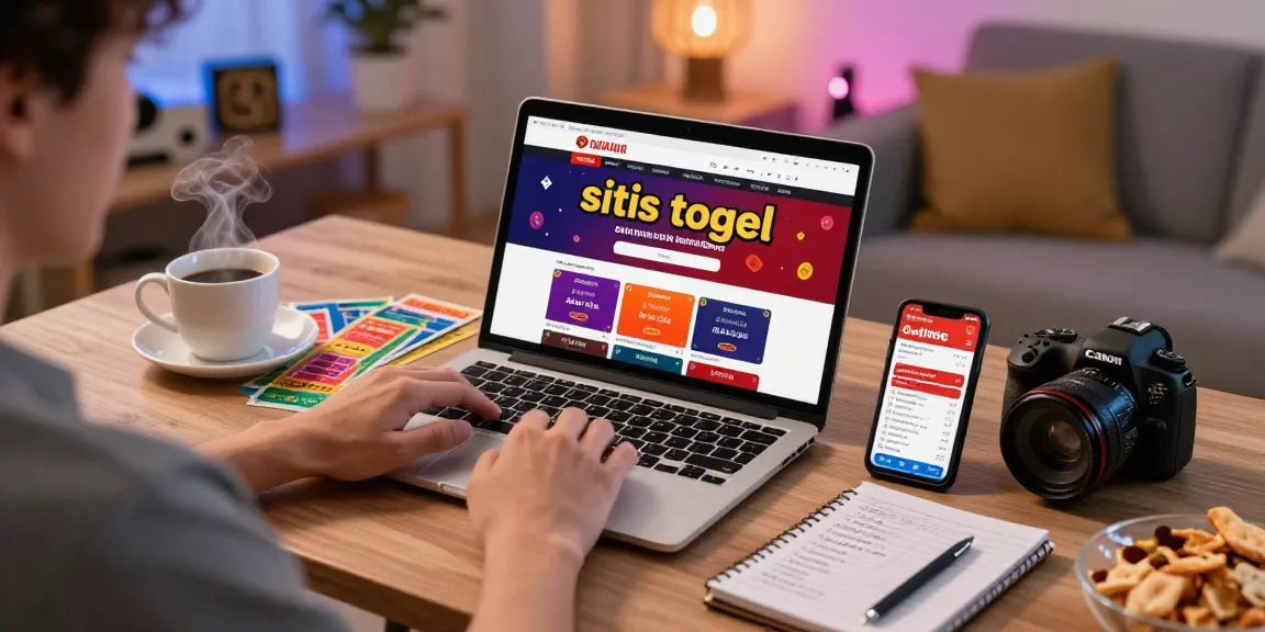 situs togel player enjoying a lively online gambling experience at home with laptop and betting slips