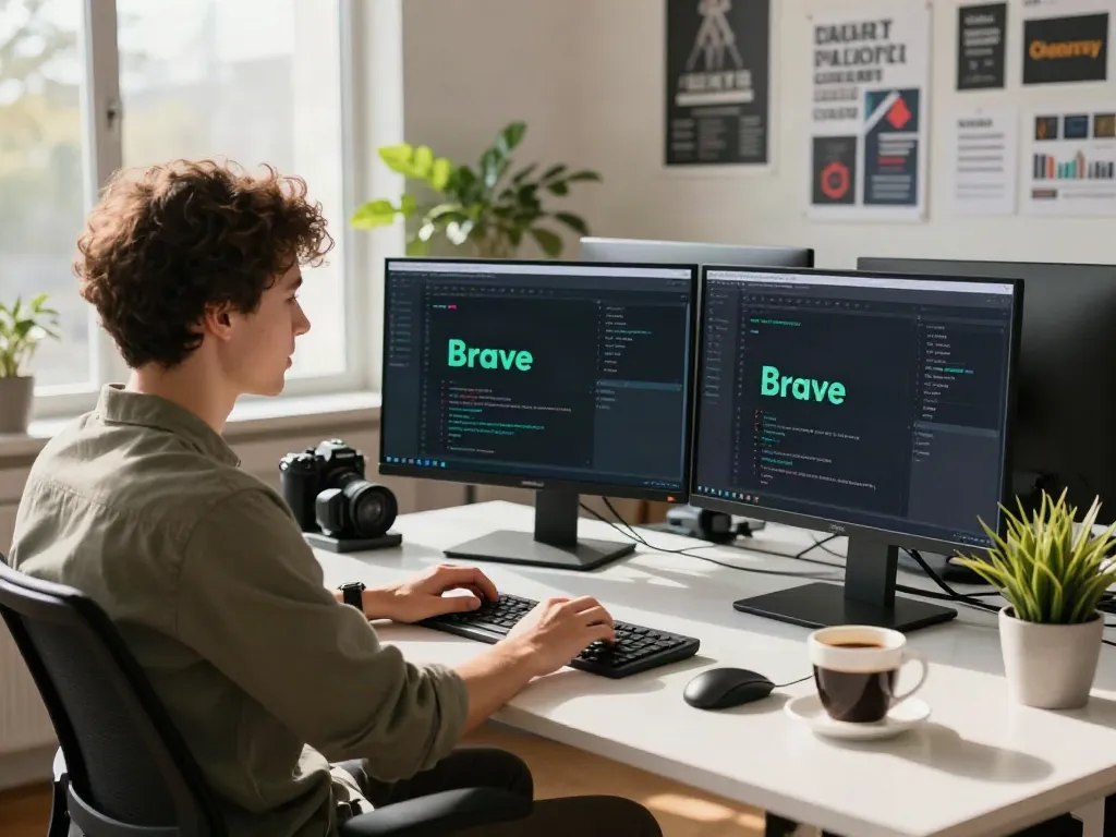Developer using brave浏览器 in a modern tech workspace with vibrant decor and multiple monitors.