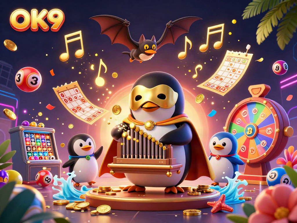 Experience the excitement of OK9 with a vibrant 3D illustration of a gaming scene packed with dynamic lottery elements.