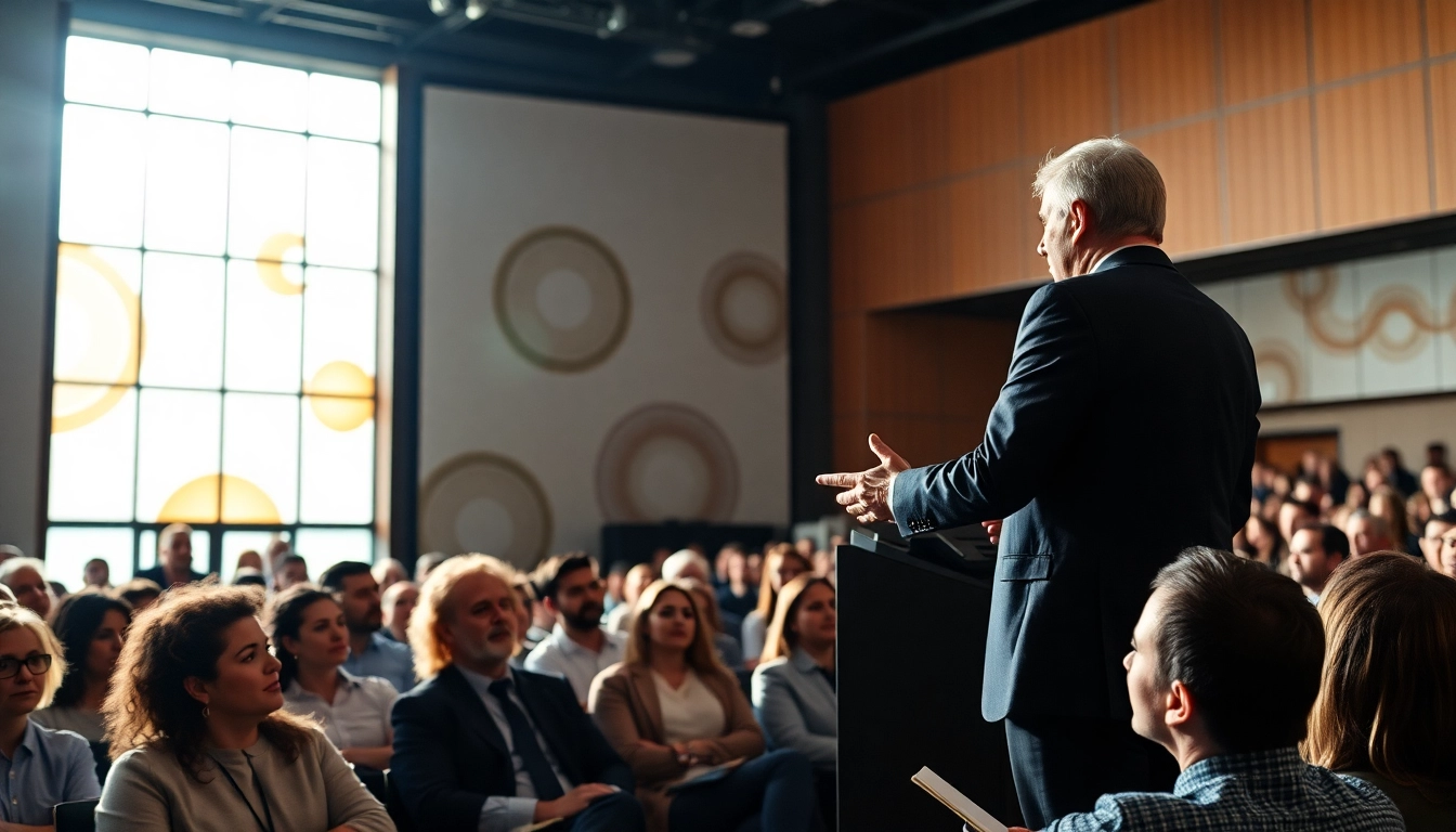 Keynote Speaker engaging an audience with passion and charisma in an energetic environment.